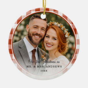 Our First Christmas-Mr. & Mrs. Photo Red Gingham Ceramic Tree Decoration
