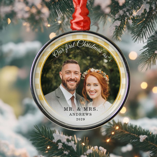 Our First Christmas-Mr.&Mrs. Photo Yellow Gingham Metal Tree Decoration (Our First Christmas-Mr.&Mrs. Photo Yellow Gingham Metal Ornament)
