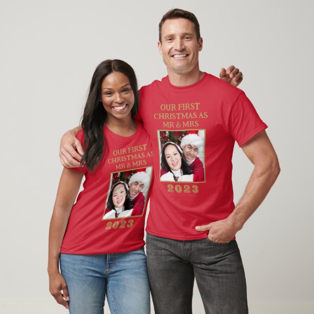 Our First Christmas Mr & Mrs Red And Gold Photo T-Shirt (Unisex)