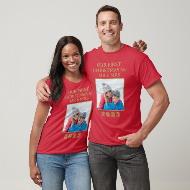 Our First Christmas Mr & Mrs Red And Gold Photo T-Shirt (Unisex)
