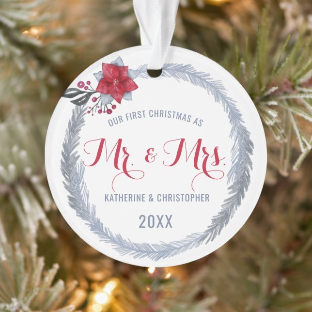 Our First Christmas Mr. & Mrs Silver Poinsettia  Ornament (Tree)