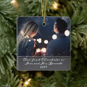 Our First Christmas Mrs. & Mr. Wedding Photo Ceramic Ornament