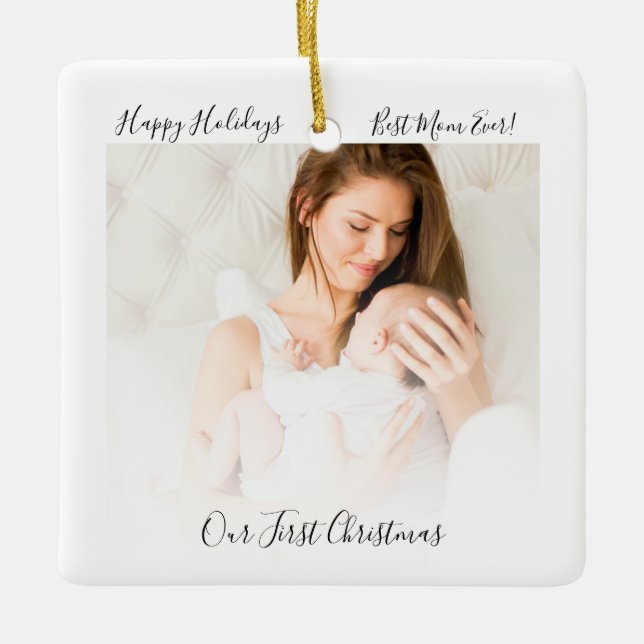 Our First Christmas Mum and Baby Photo Rustic Ceramic Ornament (Front)