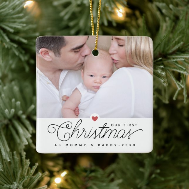 Our First Christmas Mum and Dad 2 Photos Ceramic Ornament (Tree)