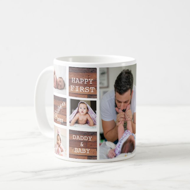 Our First Christmas New Dad 7 Photo Collage Wood Coffee Mug (Front Left)
