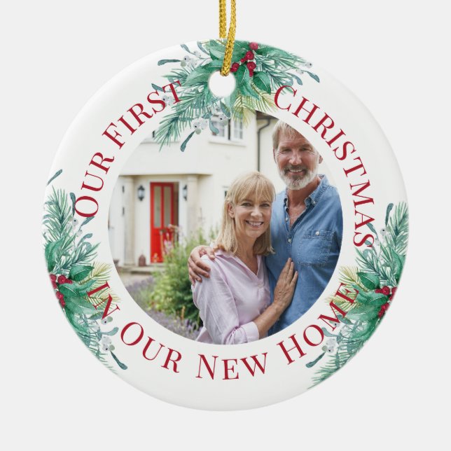Our First Christmas New Home Custom Photo Holly Ceramic Tree Decoration (Front)