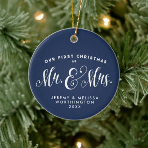Our First Christmas newlywed navy photo ornament