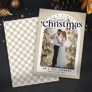 Our First Christmas Newlywed Photo Arc Chequered Holiday Card