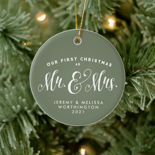 Our First Christmas newlywed sage green photo Ceramic Tree Decoration (Tree)