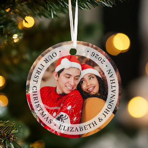 Our First Christmas Newlywed Two Sided Photos Ceramic Tree Decoration