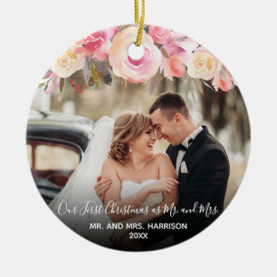 Our First Christmas Newlyweds 2 Photo Floral Ceramic Tree Decoration