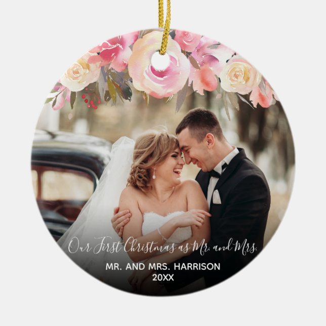 Our First Christmas Newlyweds 2 Photo Floral Ceramic Tree Decoration (Front)