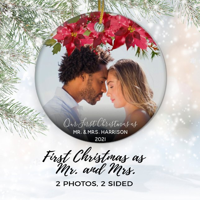 Our First Christmas Newlyweds 2 Photo Floral Ceramic Tree Decoration (Creator Uploaded)