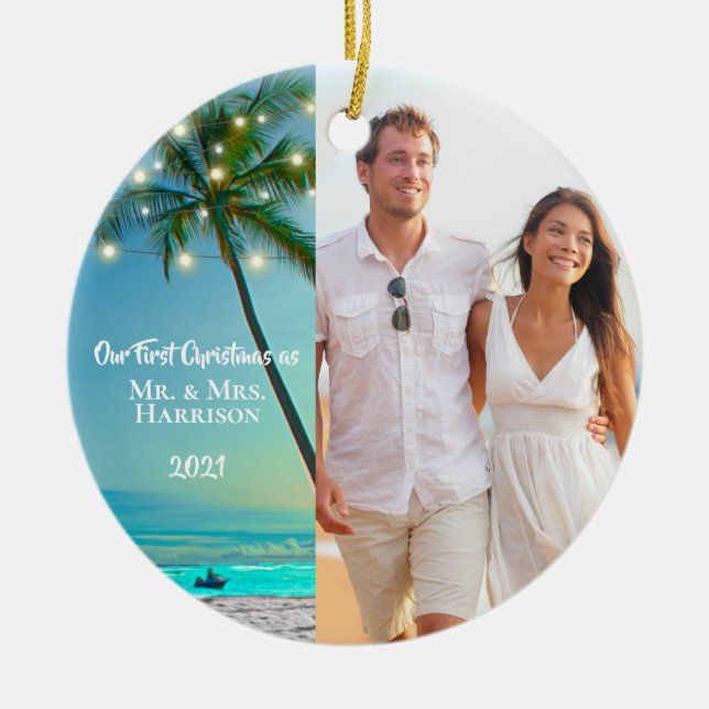 Our First Christmas Newlyweds 2 Photo Tropical Ceramic Tree Decoration (Front)
