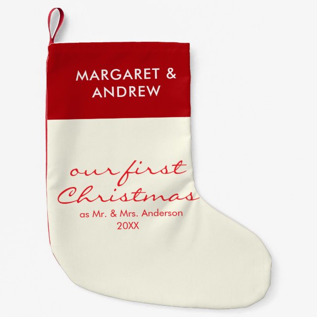 Our First Christmas Newlyweds Custom Name Script Small Christmas Stocking (Front)