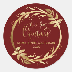 Our First Christmas Newlyweds Gold Burgundy Classic Round Sticker