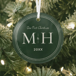 Our First Christmas Newlyweds Monogram Green Glass Tree Decoration