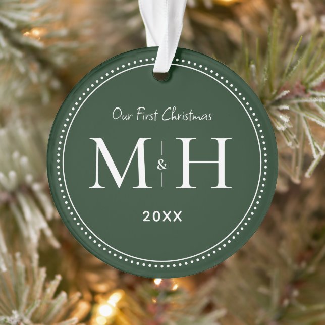 Our First Christmas Newlyweds Monogram Green Ornament (Tree)