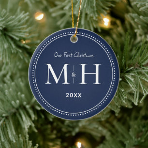 Our First Christmas Newlyweds Monogram Navy Blue Ceramic Tree Decoration