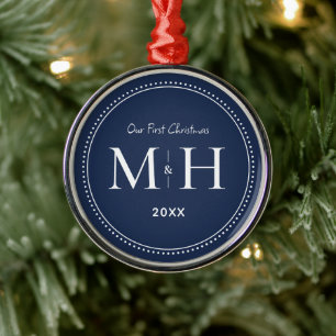 Our First Christmas Newlyweds Monogram Navy Blue Metal Tree Decoration