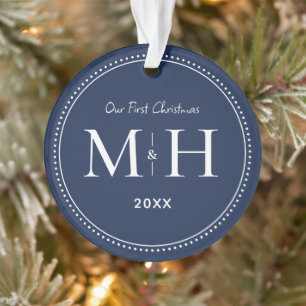 Our First Christmas Newlyweds Monogram Navy Blue Ornament