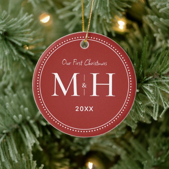 Our First Christmas Newlyweds Monogram Red Ceramic Tree Decoration (Tree)
