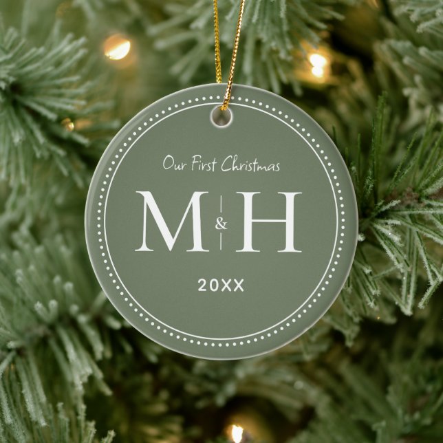 Our First Christmas Newlyweds Monogram Sage Green Ceramic Tree Decoration (Tree)