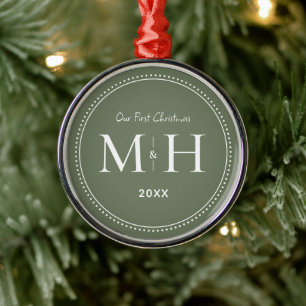 Our First Christmas Newlyweds Monogram Sage Green Metal Tree Decoration