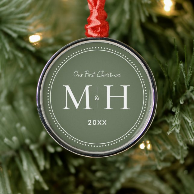 Our First Christmas Newlyweds Monogram Sage Green Metal Tree Decoration (Tree)