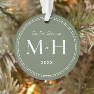 Our First Christmas Newlyweds Monogram Sage Green Ornament