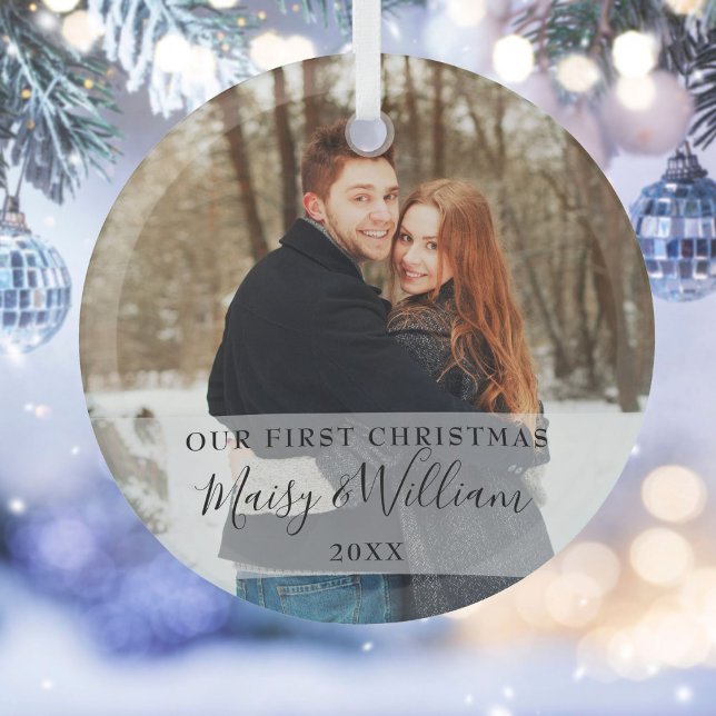 Our First Christmas Newlyweds Photo Glass Tree Decoration (Our First Christmas Newlyweds Photo Glass Ornament)