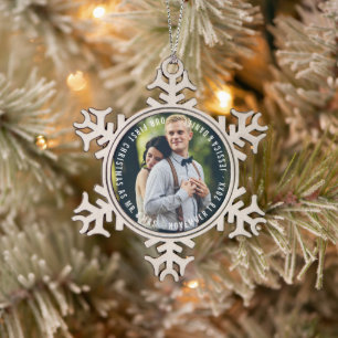 "Our First Christmas" Newlyweds Photo Snowflake Pewter Christmas Ornament