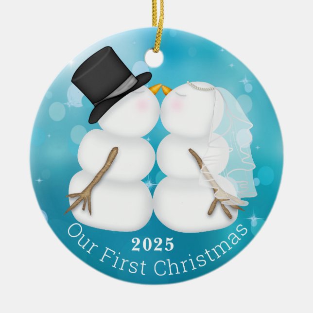  Our First Christmas Newywed Couple Snowman Photo Ceramic Tree Decoration (Front)
