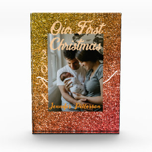 Our first Christmas orange red glitter photo year Block