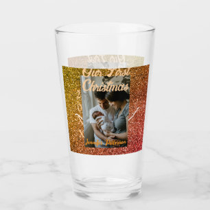 Our first Christmas orange red glitter photo year Glass