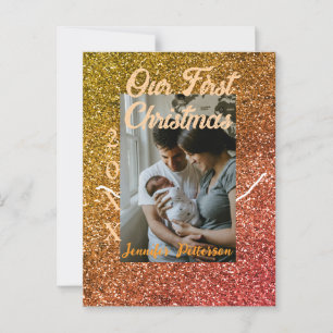 Our first Christmas orange red glitter photo year Postcard