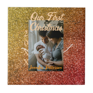 Our first Christmas orange red glitter photo year Tile