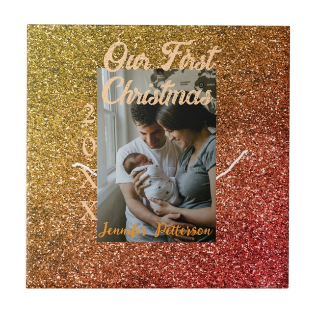 Our first Christmas orange red glitter photo year Tile (Front)