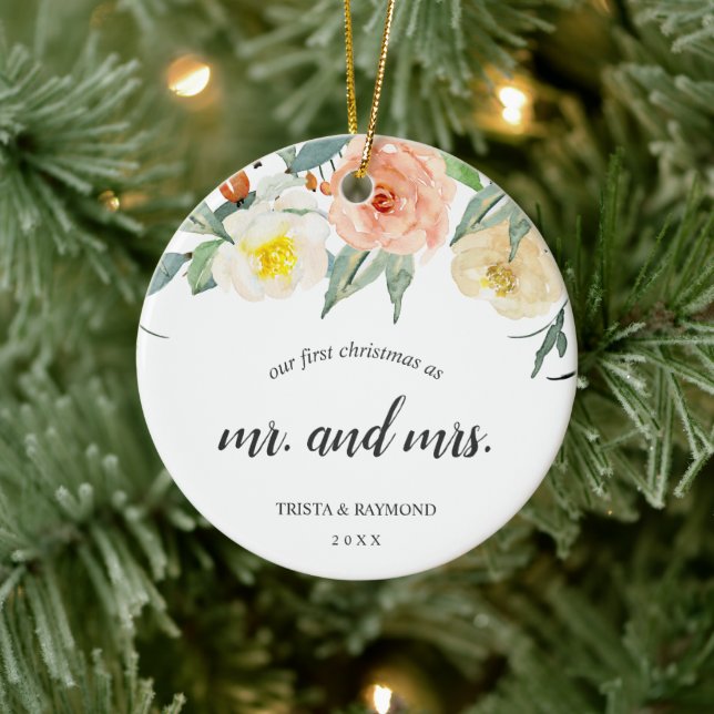 Our First Christmas Peach Floral Newlywed Photo Ceramic Tree Decoration (Tree)