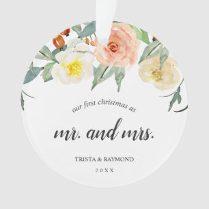 Our First Christmas Peach Floral Newlywed Photo Ornament