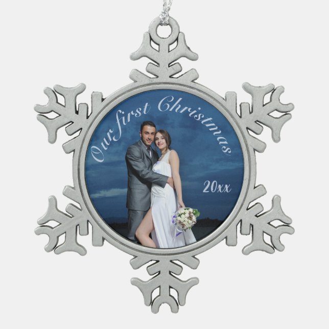 Our First Christmas Personalised Photo Snowflake Pewter Christmas Ornament (Front)