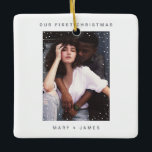 Our first Christmas Photo black and white marble Ceramic Ornament<br><div class="desc">Our first Christmas Photo black and white interracial couple wedding marble Ceramic Ornament 
Minimalist Typewriter | Merry and Marri</div>