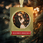 Our First Christmas Photo Gold Plated Banner Ornament<br><div class="desc">Photo ornament with editable text and label colour.  Crop and resize your photo to suit the frame.</div>