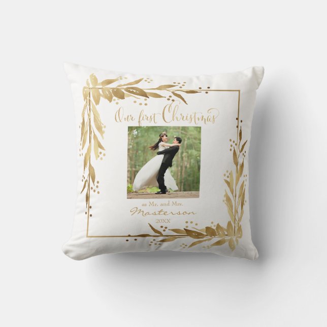 Our First Christmas Photo Gold Wreath on White Cushion (Front)