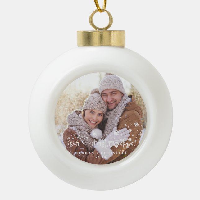 Our first Christmas Photo Holiday  Ceramic Ball Christmas Ornament (Front)