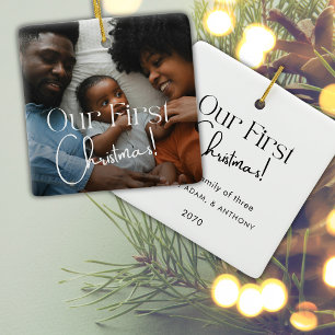 Our First Christmas Photo Minimalist Calligraphy Ceramic Ornament