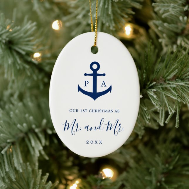 Our First Christmas Photo Monogram Nautical Gay Ceramic Tree Decoration (Tree)