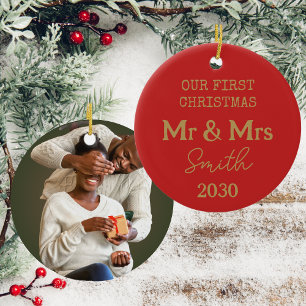 Our First Christmas Photo Mr And Mrs Red And Gold Ceramic Tree Decoration