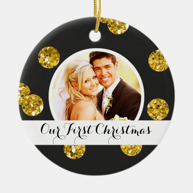 Our First Christmas Photo Ornament | Gold Dots (Front)