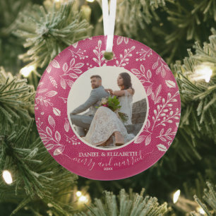 Our First Christmas Photo Pink Glass Ornament